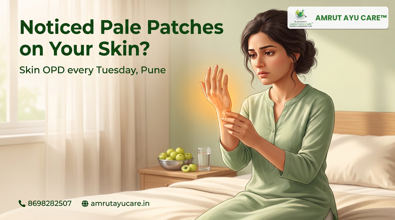Woman in a green kurta looking with concern at the back of her hand, headline Noticed Pale Patches on Your Skin?