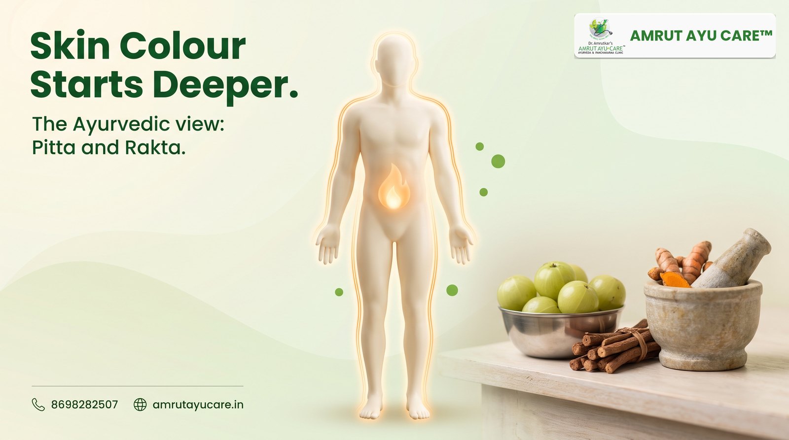 Body silhouette with a warm Agni flame at the abdomen linked to the skin, headline Skin Colour Starts Deeper