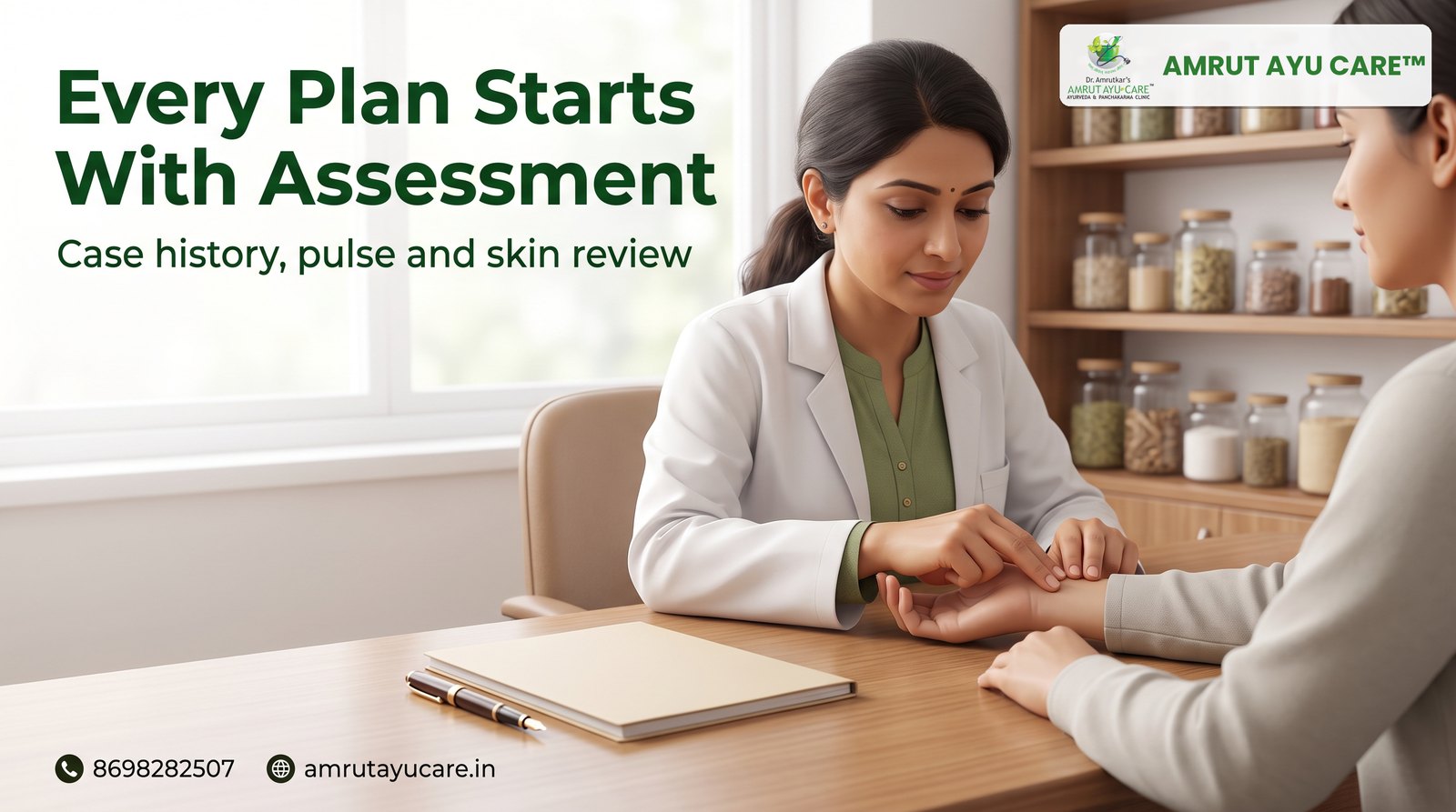 Ayurvedic doctor reading a seated patient's pulse at a clinic desk, AMRUT AYU CARE Ghorpadi, Pune