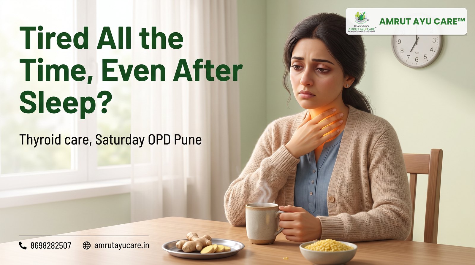 Tired woman in a cardigan at a breakfast table, hand at her neck, headline Tired All the Time, Even After Sleep?