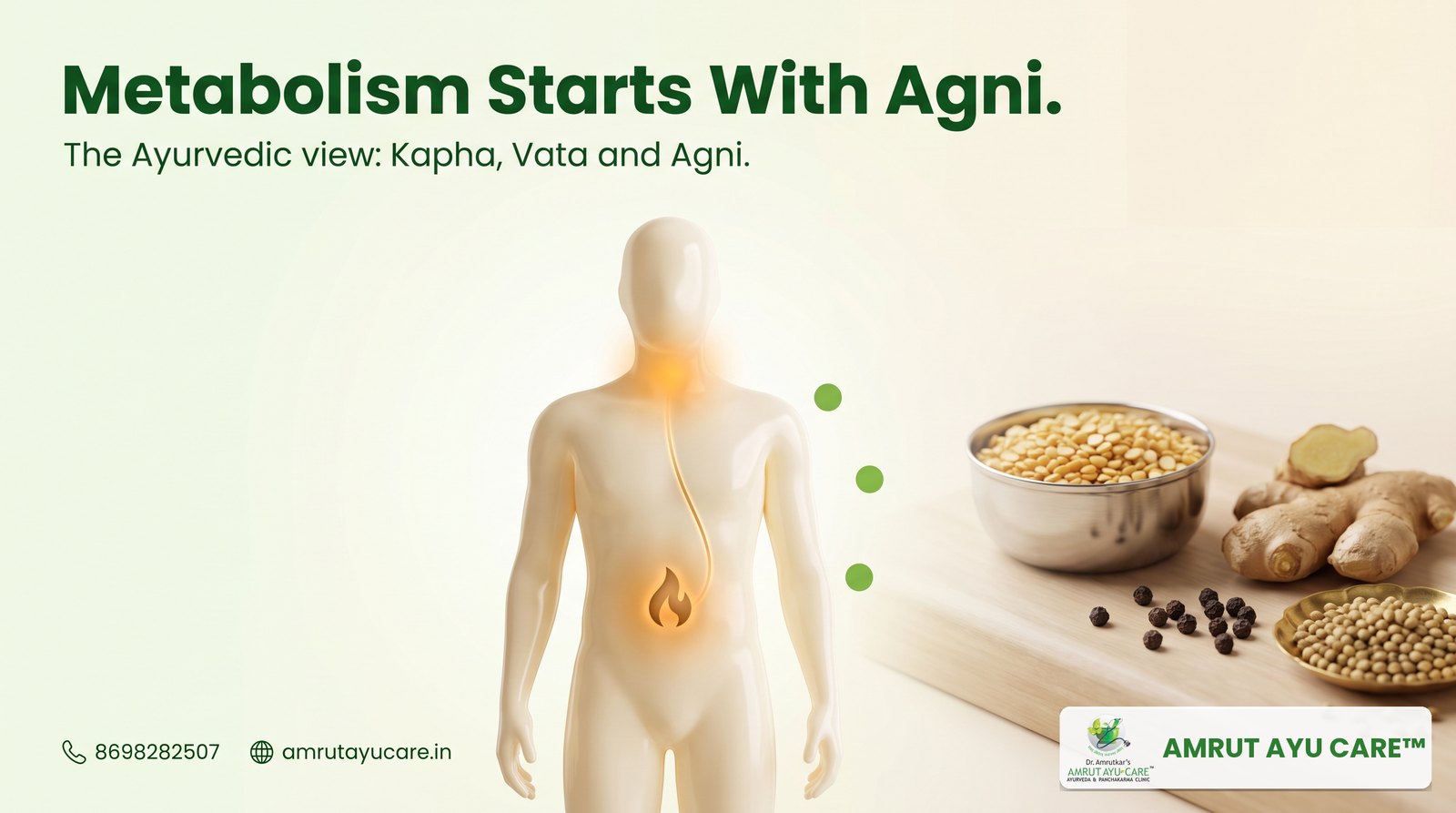 Body silhouette with a warm Agni flame at the abdomen linked to the neck, headline Metabolism Starts With Agni