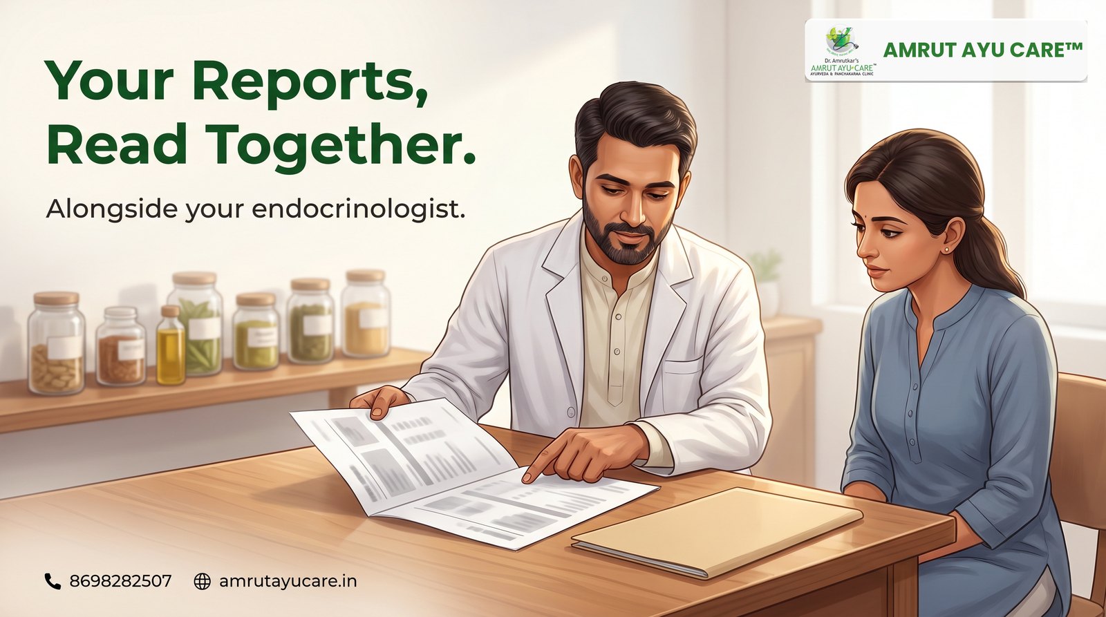 Ayurvedic doctor going through a blood report with a patient, headline Your Reports, Read Together