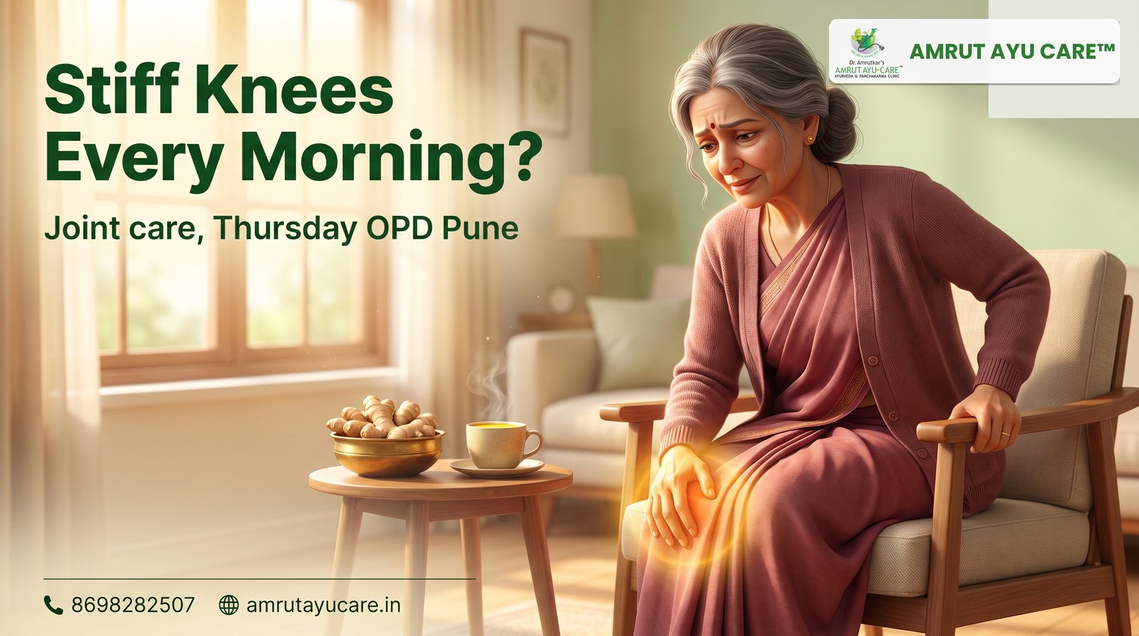 Older woman rising slowly from a chair with a hand on her knee, headline Stiff Knees Every Morning?