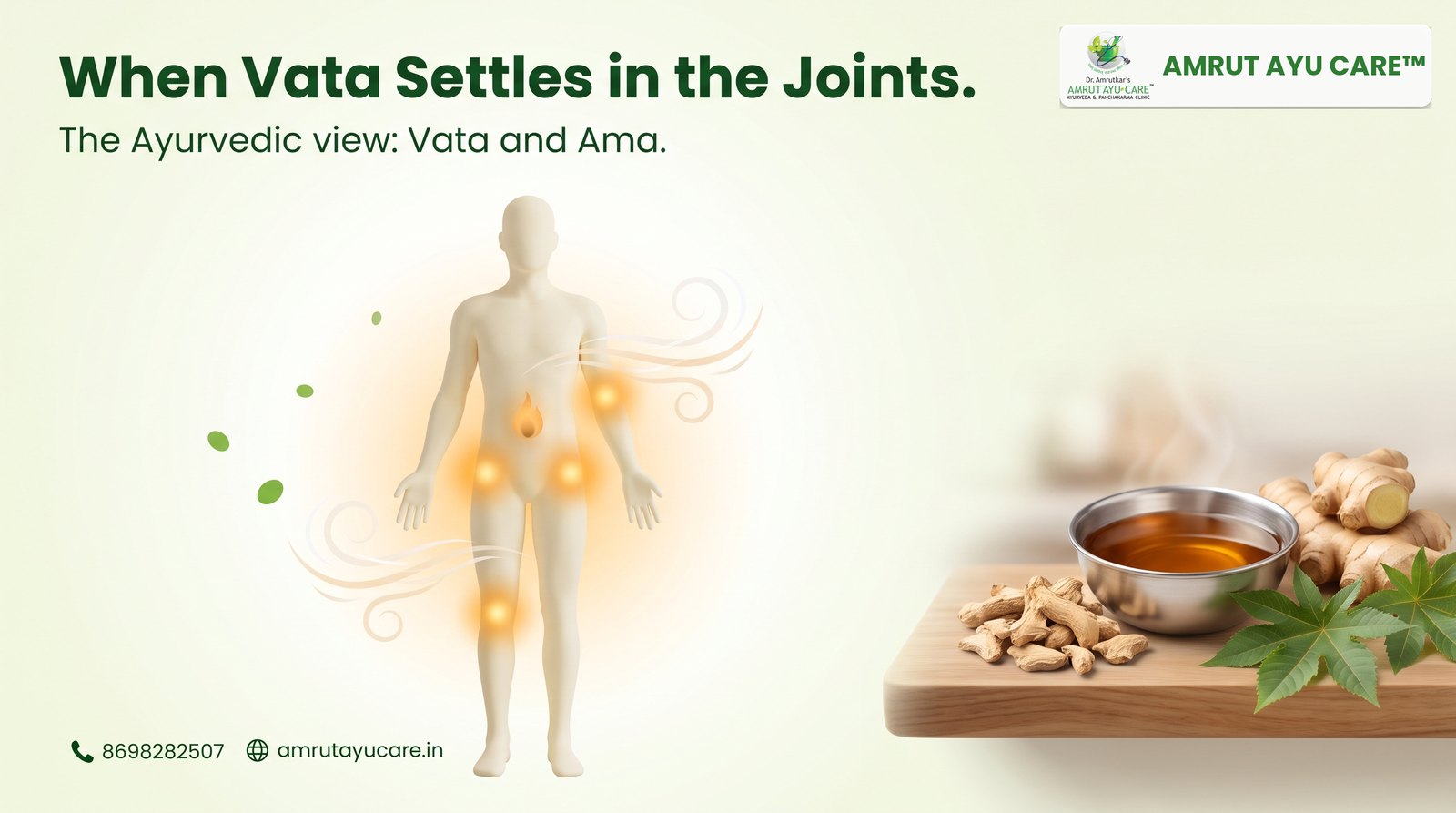 Body silhouette with warm glows at the knees, hips and lower back, headline When Vata Settles in the Joints
