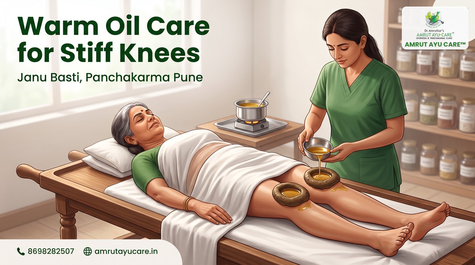 Therapist pouring warm oil into dough rings on both knees during Janu Basti, headline Warm Oil Care for Stiff Knees