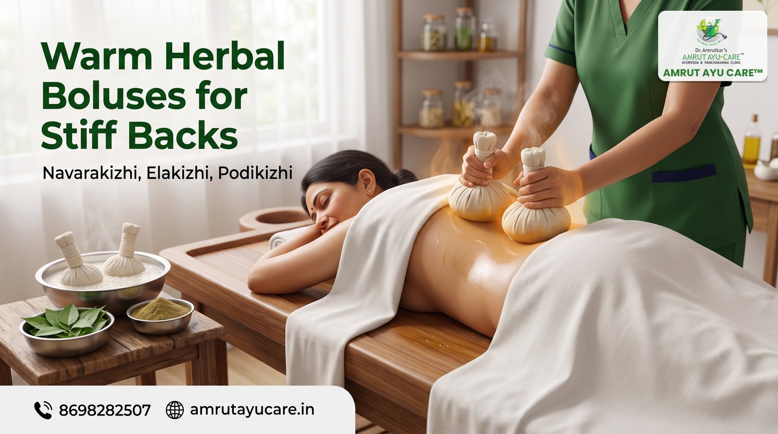 Therapist pressing warm herbal boluses on a woman's lower back, headline Warm Herbal Boluses for Stiff Backs