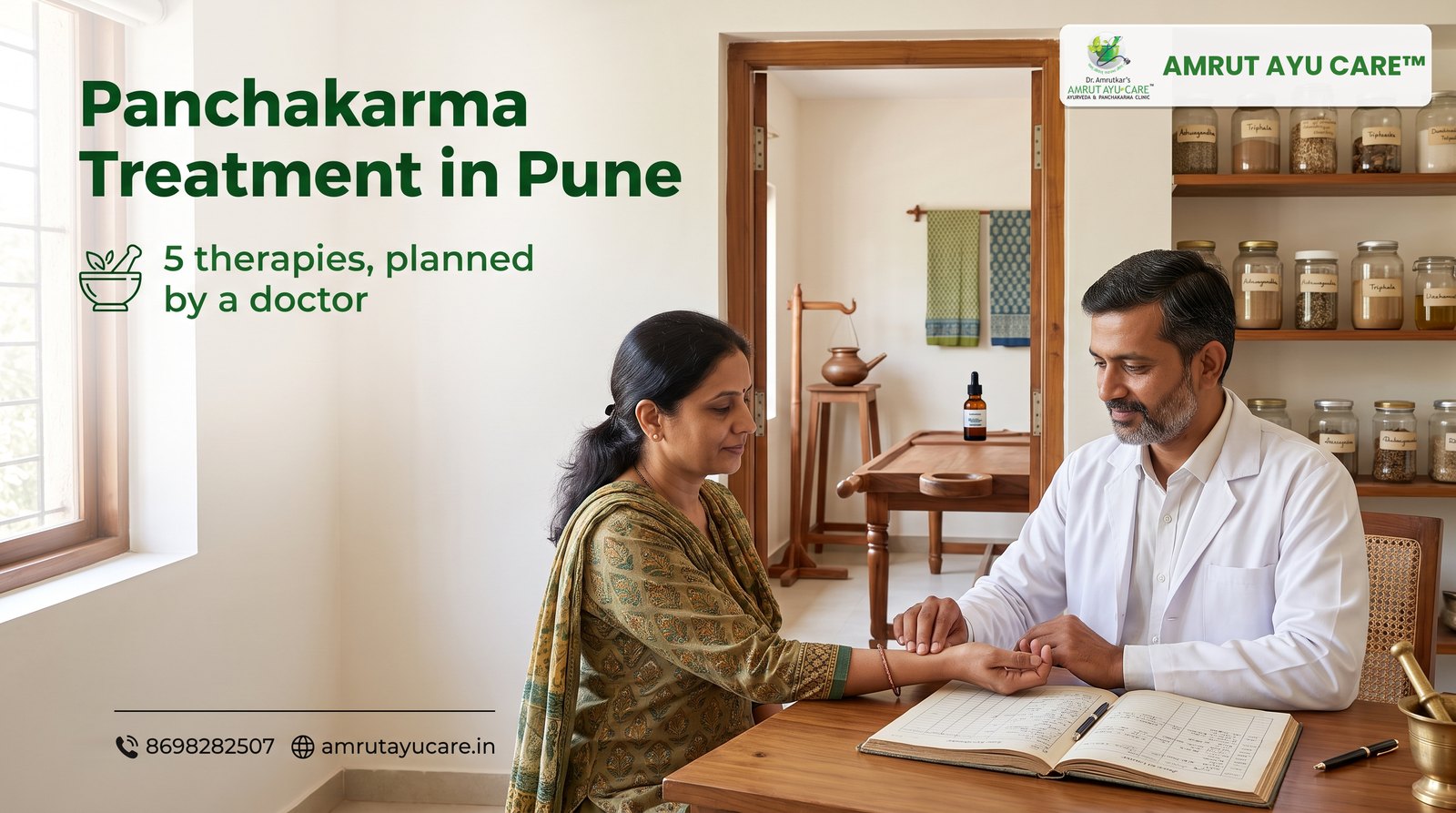Ayurvedic doctor reading a woman's pulse before Panchakarma, headline Panchakarma Treatment in Pune