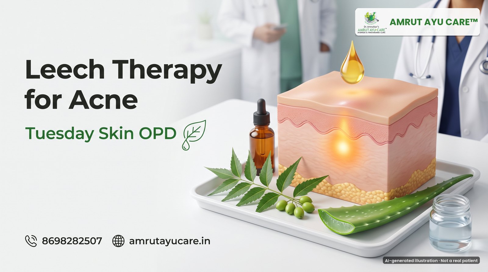 AI-generated illustration: skin-layer model with neem and aloe, headline Leech Therapy for Acne, Tuesday Skin OPD