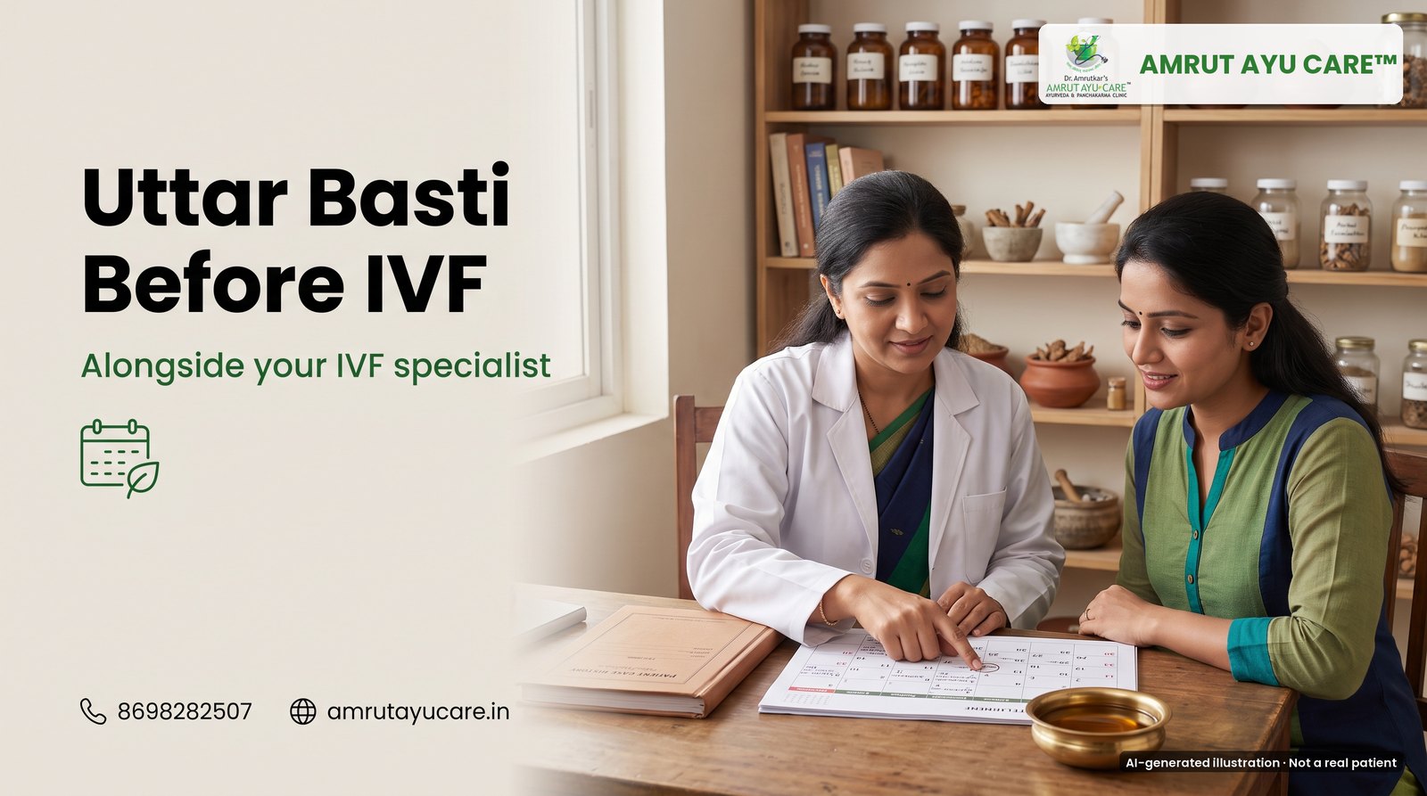 AI-generated illustration: doctor and patient planning dates on a calendar, headline Uttar Basti Before IVF
