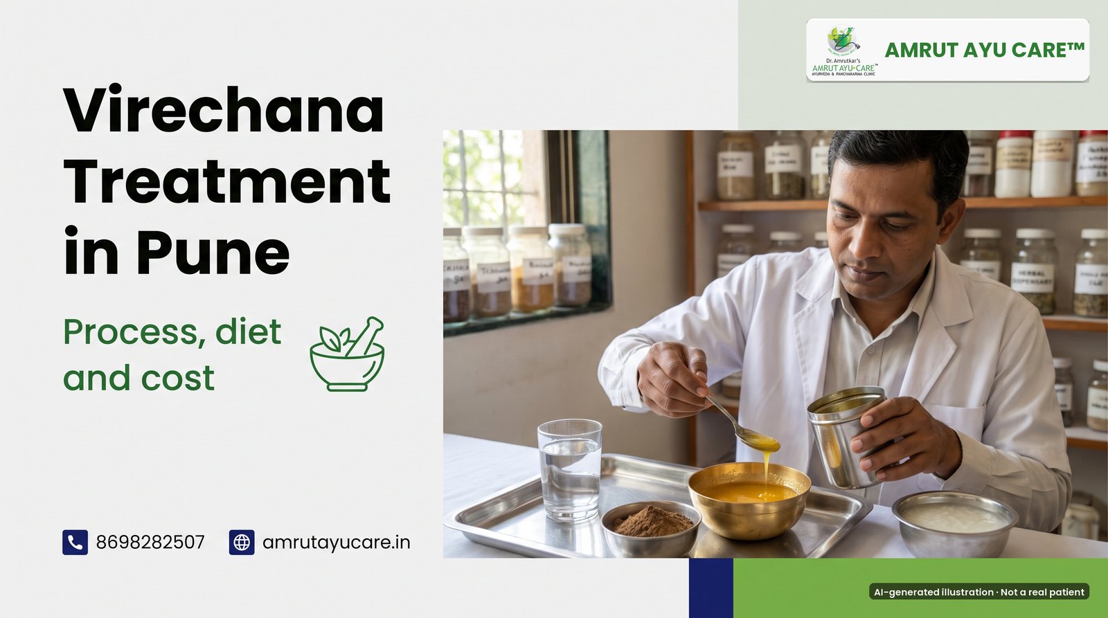 AI-generated illustration: Ayurvedic doctor measuring medicated ghee for Virechana, headline Virechana Treatment in Pune