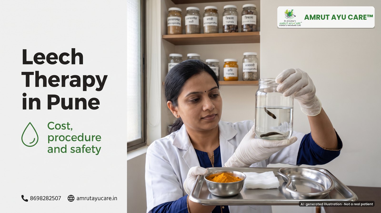 AI-generated illustration: gloved doctor holding a jar of medicinal leeches, headline Leech Therapy in Pune