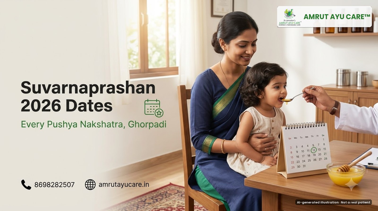 AI-generated illustration: toddler on her mother's lap taking a Suvarnaprashan drop, headline Suvarnaprashan 2026 Dates