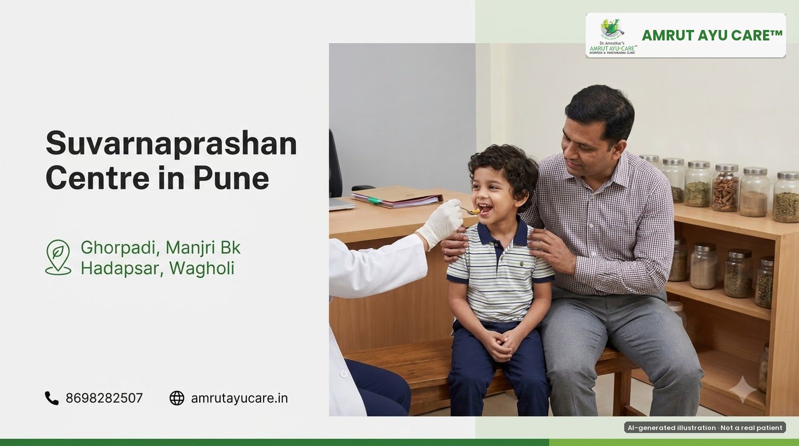 AI-generated illustration: father and son at the clinic as the boy takes a Suvarnaprashan drop, headline Suvarnaprashan Centre in Pune