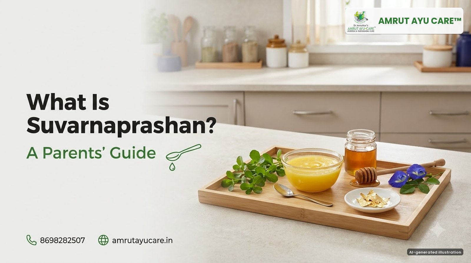 AI-generated illustration: ghee, honey, gold leaf, Brahmi and Shankhpushpi on a tray, headline What Is Suvarnaprashan?