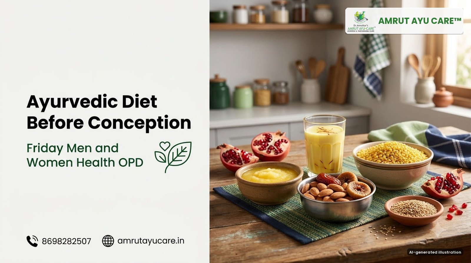 AI-generated illustration: ghee, dates, almonds, saffron milk and moong dal on a table, headline Ayurvedic Diet Before Conception