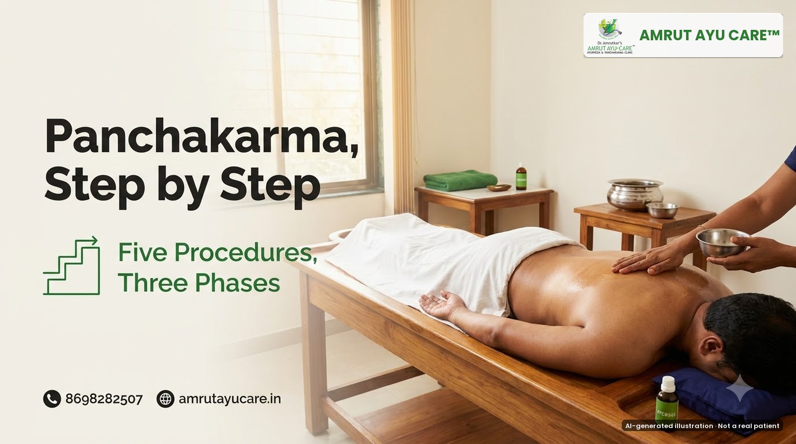 AI-generated illustration: therapist applying warm oil to a patient's back on a Droni table, headline Panchakarma, Step by Step