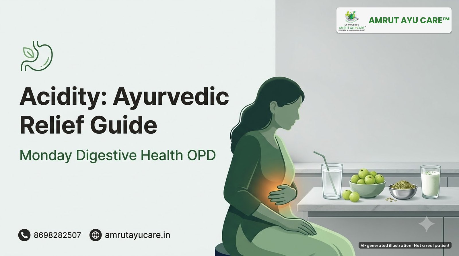 AI-generated illustration: silhouette with a soft glow at the upper abdomen beside amla and coconut water, headline Acidity: Ayurvedic Relief Guide