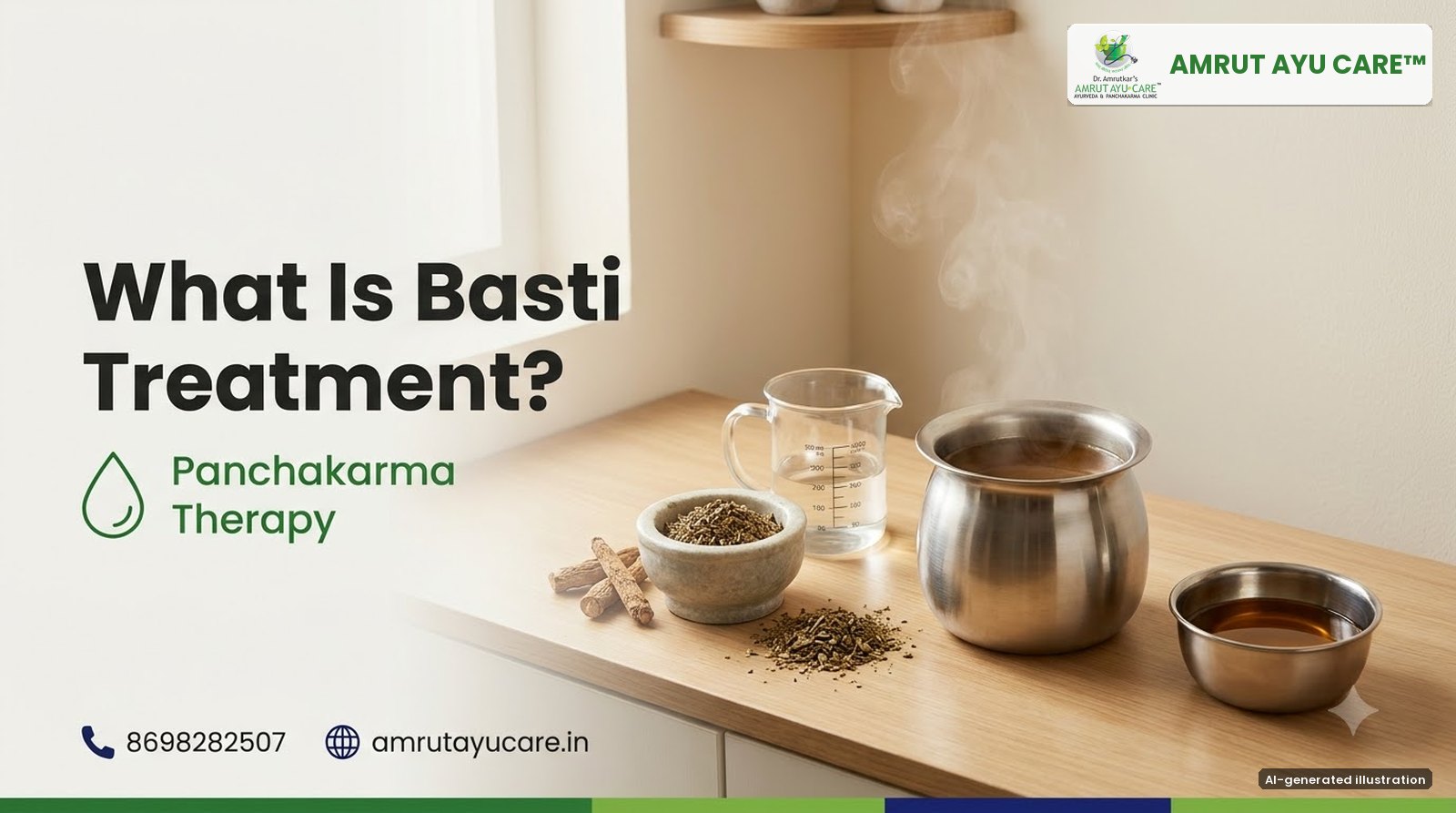 AI-generated illustration: warm herbal decoction and medicated oil prepared for Basti, headline What Is Basti Treatment?