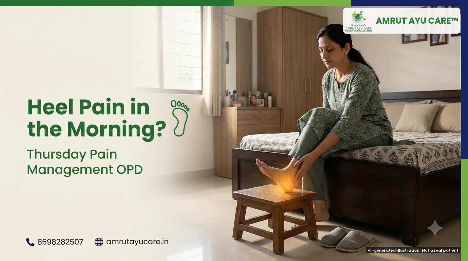 AI-generated illustration: woman pressing her heel on a footstool in the morning, headline Heel Pain in the Morning?