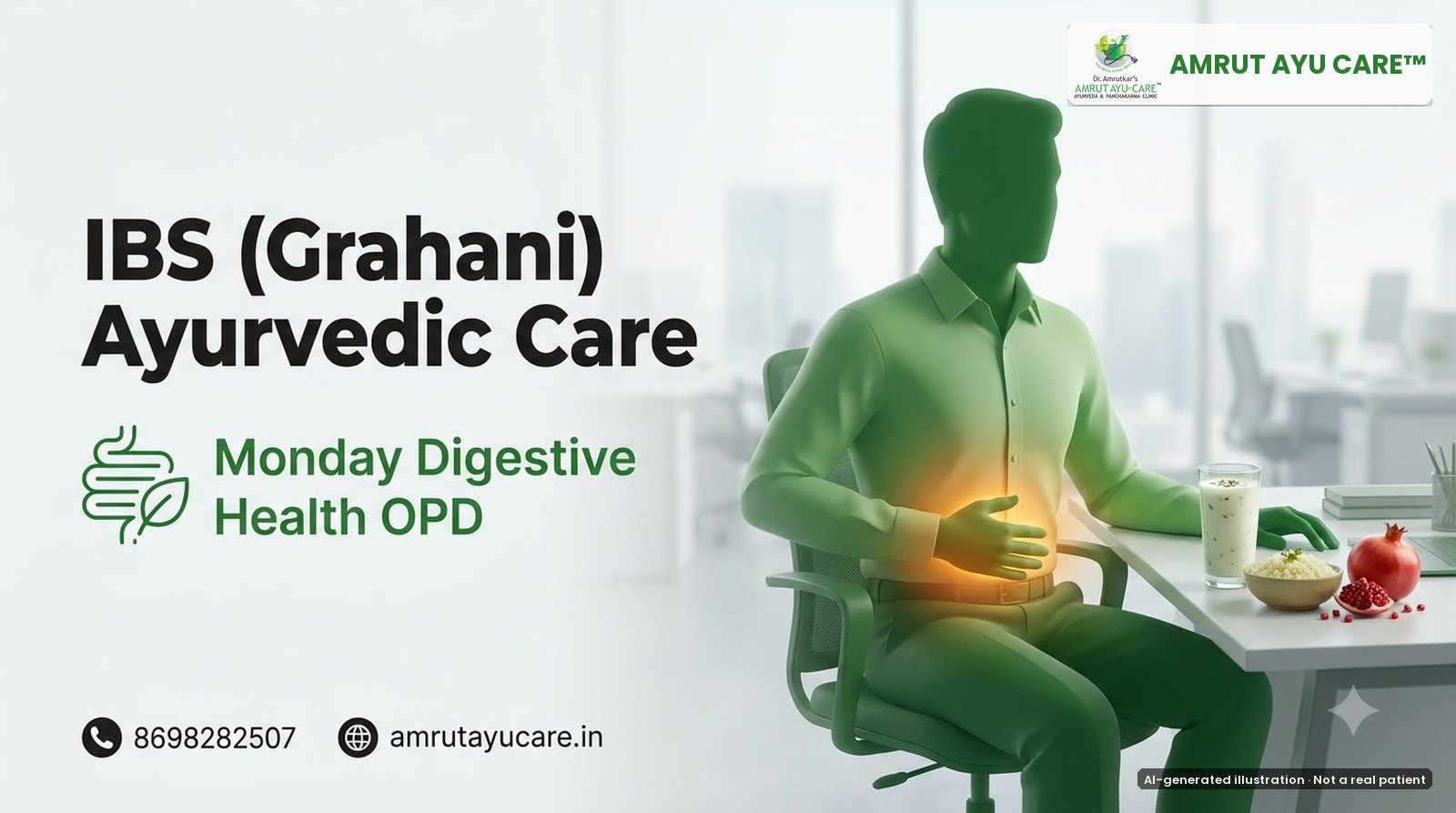 AI-generated illustration: office worker silhouette with a soft abdominal glow beside buttermilk and khichdi, headline IBS (Grahani) Ayurvedic Care