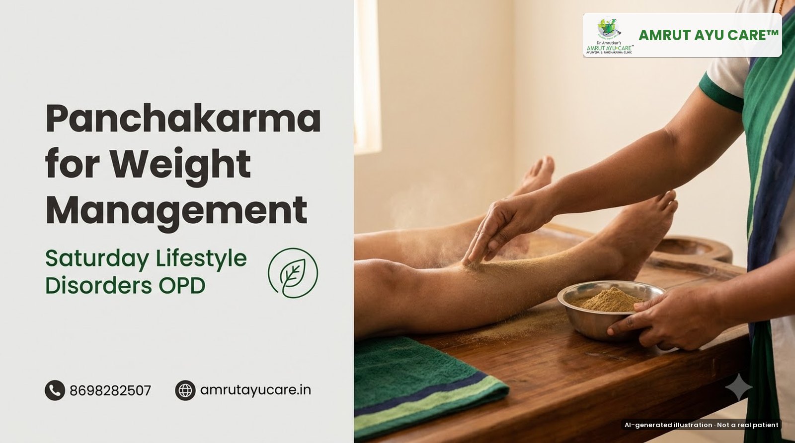 AI-generated illustration: therapist's hands applying herbal powder in Udwartana, headline Panchakarma for Weight Management
