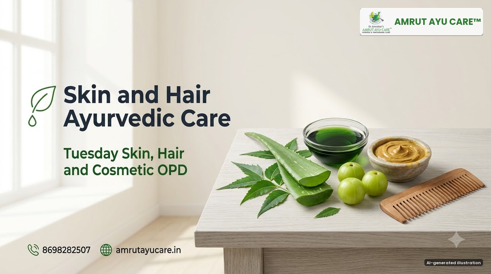 AI-generated illustration: neem, aloe vera, amla, herbal hair oil and a wooden comb, headline Skin and Hair Ayurvedic Care