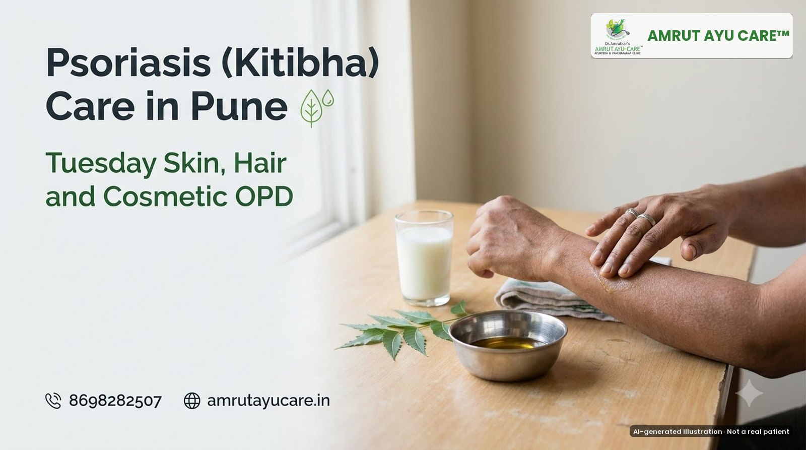 AI-generated illustration: hands applying warm medicated oil to a forearm beside neem and buttermilk, headline Psoriasis (Kitibha) Care