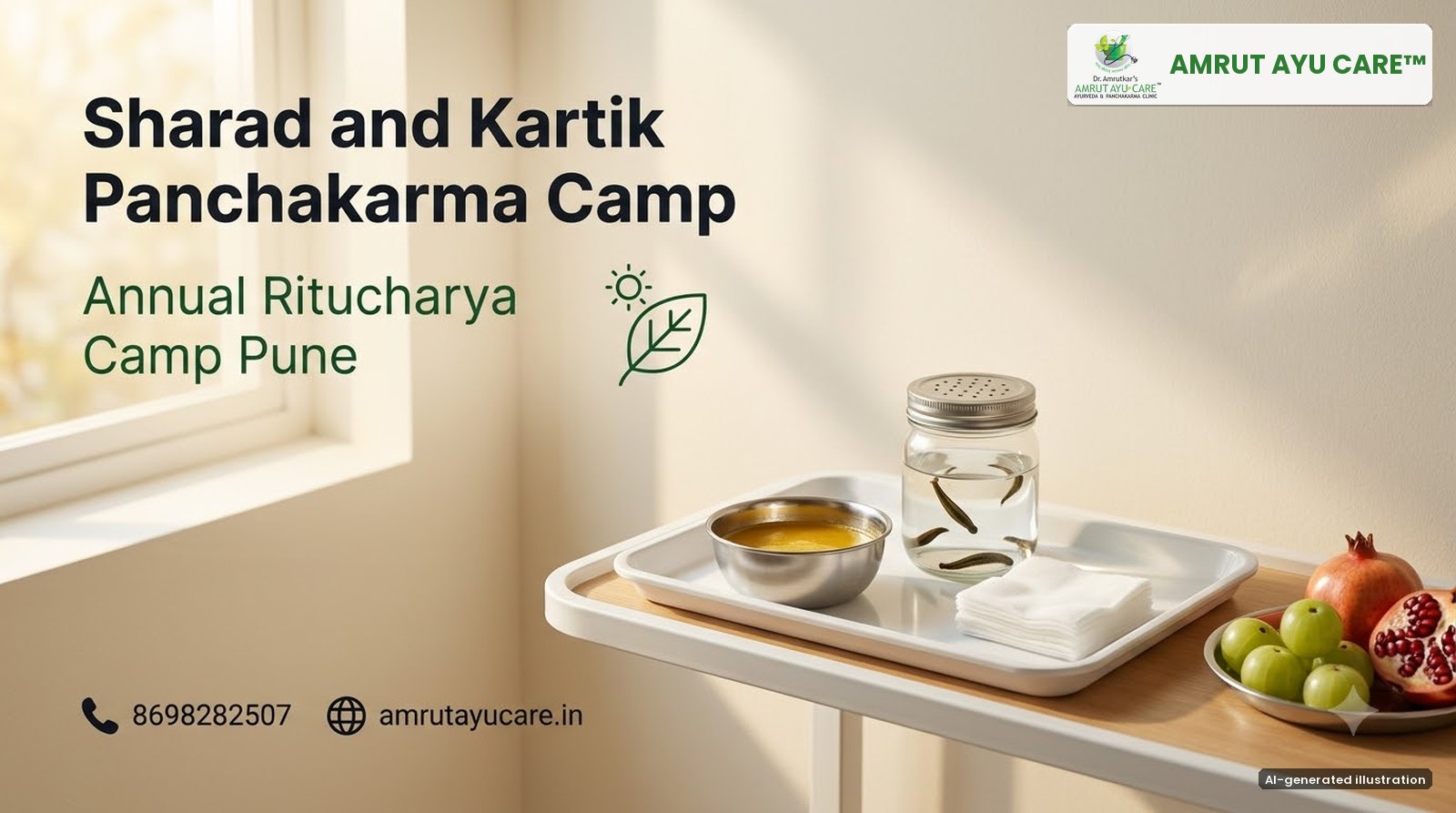 AI-generated illustration: medicated ghee, a jar of leeches, amla and pomegranate on a tray, headline Sharad and Kartik Panchakarma Camp