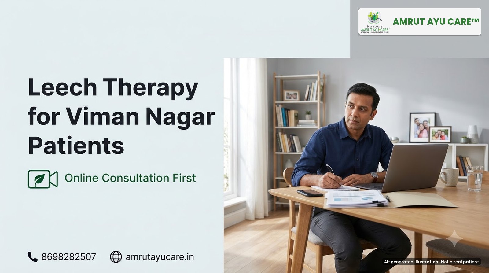 AI-generated illustration: man on a video consultation at home with his reports, headline Leech Therapy for Viman Nagar Patients