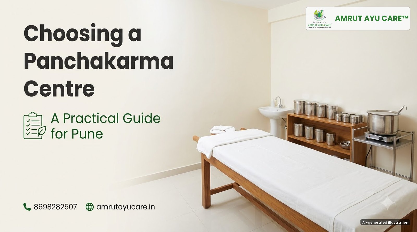 AI-generated illustration: clean Panchakarma room with a wooden therapy table and steel vessels, headline Choosing a Panchakarma Centre