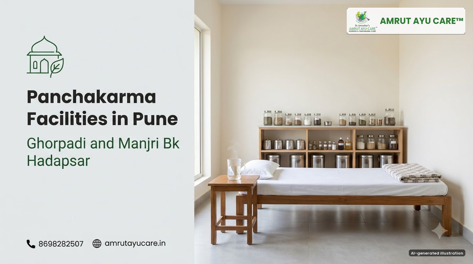 AI-generated illustration: bright Panchakarma room with a therapy bed and steel containers, headline Panchakarma Facilities in Pune