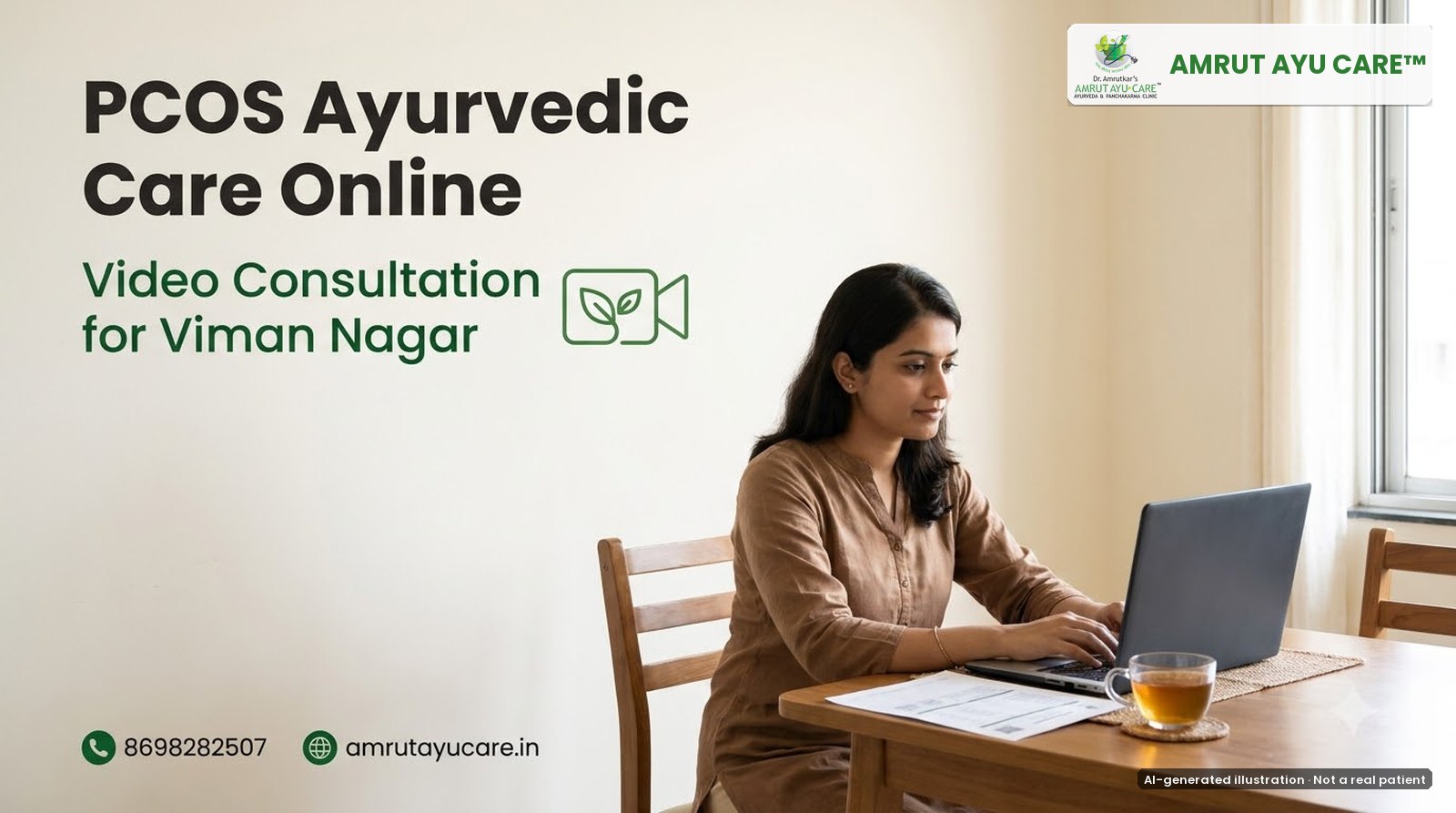 AI-generated illustration: woman on a video consultation at home with her reports, headline PCOS Ayurvedic Care Online