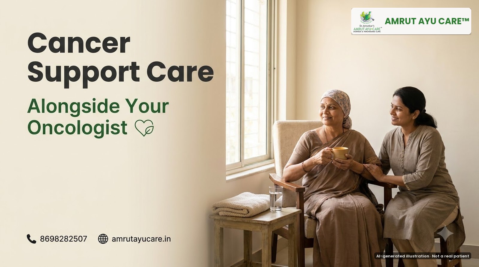 AI-generated illustration: mother in a headscarf with a warm cup, her daughter beside her, headline Cancer Support Care